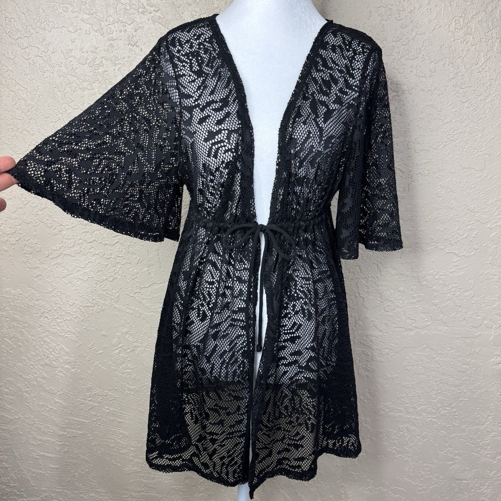 Catalina Black Lace Kimono Womens L Whimsigoth Tie Front Boho Beach Swim Coverup